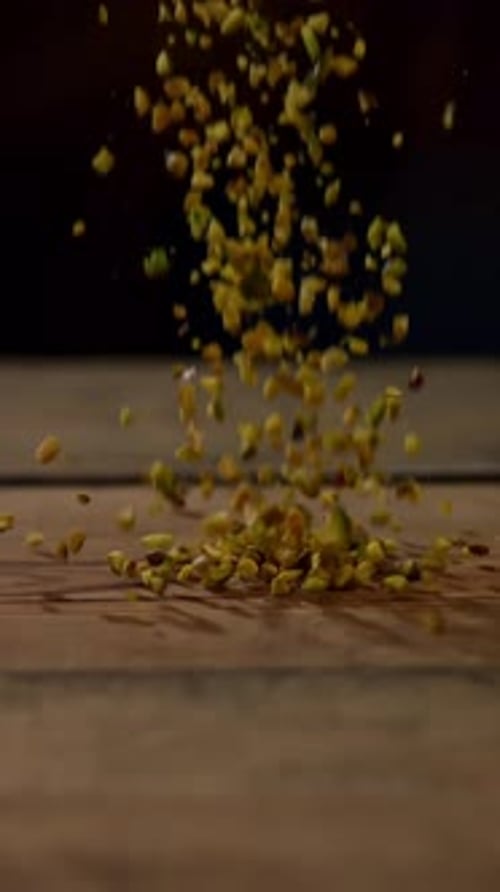 Pistachio Crumbs Falling on Wooden Surface – Vertical Slow Motion Shot