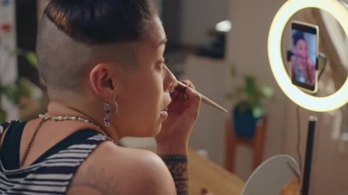 Beauty Influencer Filming Make-Up Lesson with Phone and Ring Light