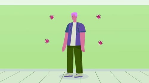 Animation fließender Cartoon-Viruszellen. Coronavirus-Grippe, kranker Patient mit pandemischer Erkrankung