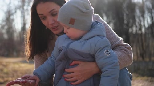 Happy Family Outdoor Mother Child on Walk in Park Mom Playing with Baby Son Outdoor Woman Little