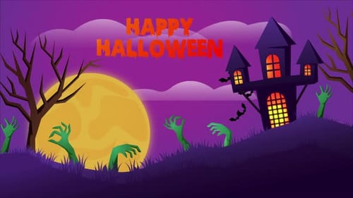 Halloween Landscape in Dark Night with Hands and Happy Halloween Text 4K