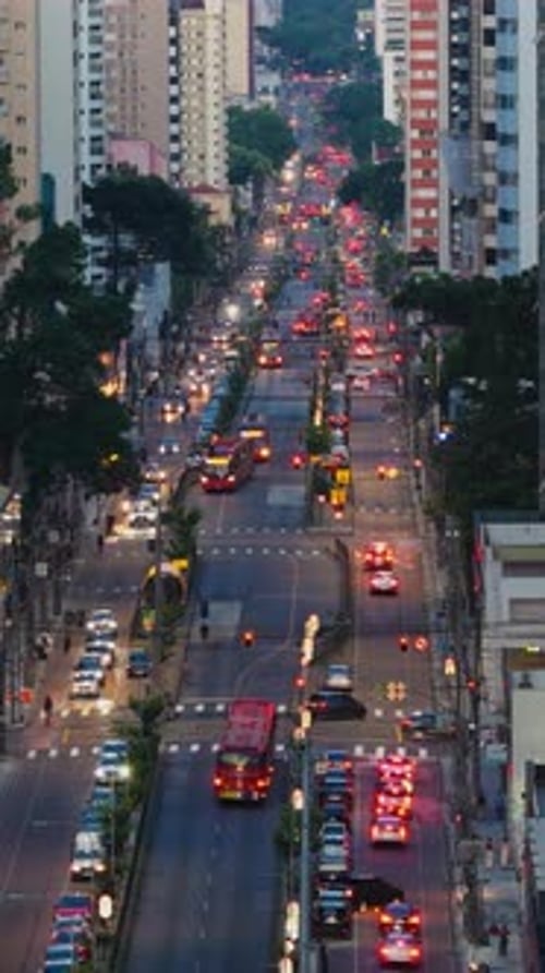Curitiba Downtown BRT Bus Motion Traffic Dusk Panorama Curitiba