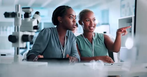 High five, research and computer with women in lab for medical report, online success