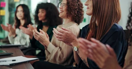 Business women, group and applause at seminar for praise, support and goal celebration in office
