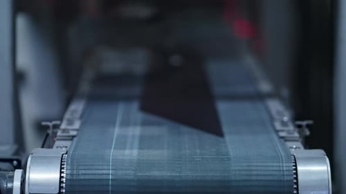 Closeup Tire Conveyor Belt at Modern Industrial Manufacture Working Process. Automated Robotic