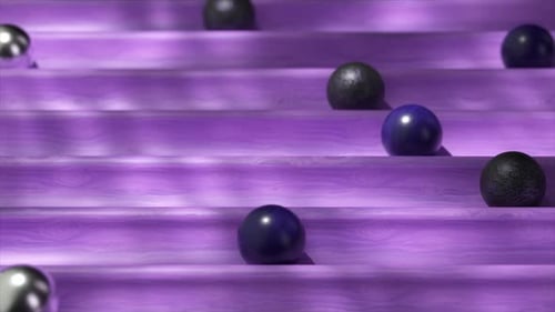 Surreal 3D Animation of Metallic Spheres Rolling on a Purple Wooden Textured Labyrinth