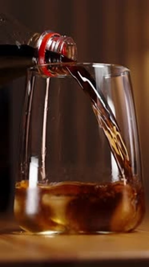 Liquid Pours Into a Glass with Ice