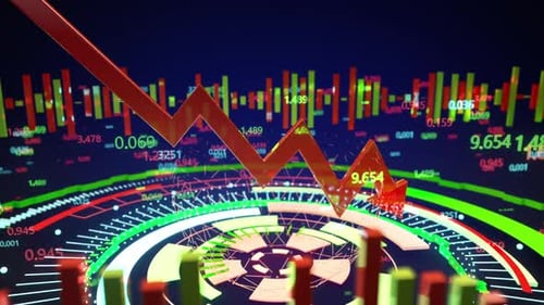 Financial chart and indicating the market fall with a red arrow