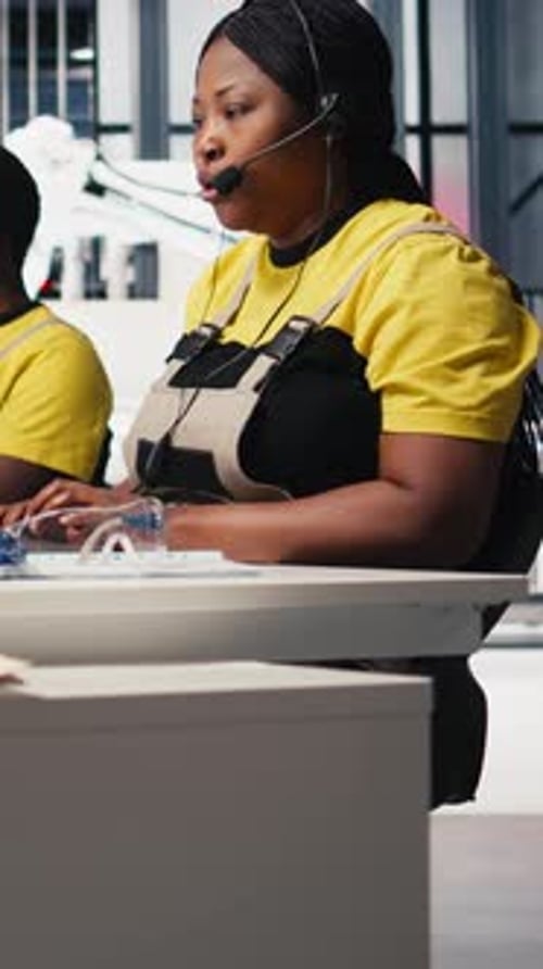 Vertical Video African American Engineer Offers Service From Solar Panel Call Center