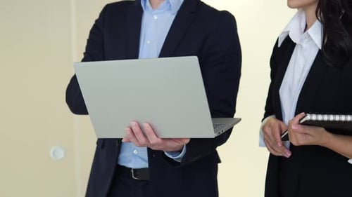 Business Colleagues Discussing Project on Laptop in Office