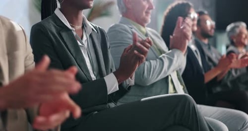 Seminar, audience and applause for presentation, hands or group in training workshop or achievement