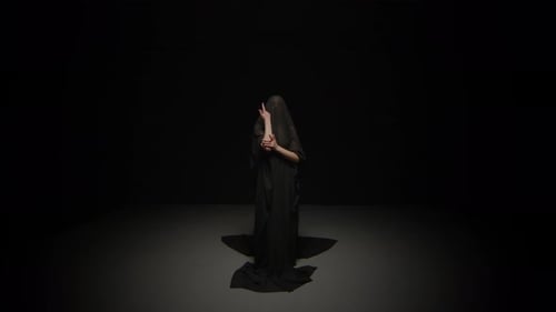 Veiled Woman Posing in Dramatic Black Gown