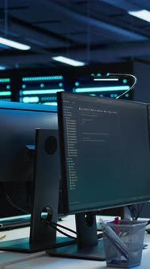 Configuración de ordenador con varios monitores de vídeo vertical en el centro de datos utilizada para monitorear las amenazas de seguridad