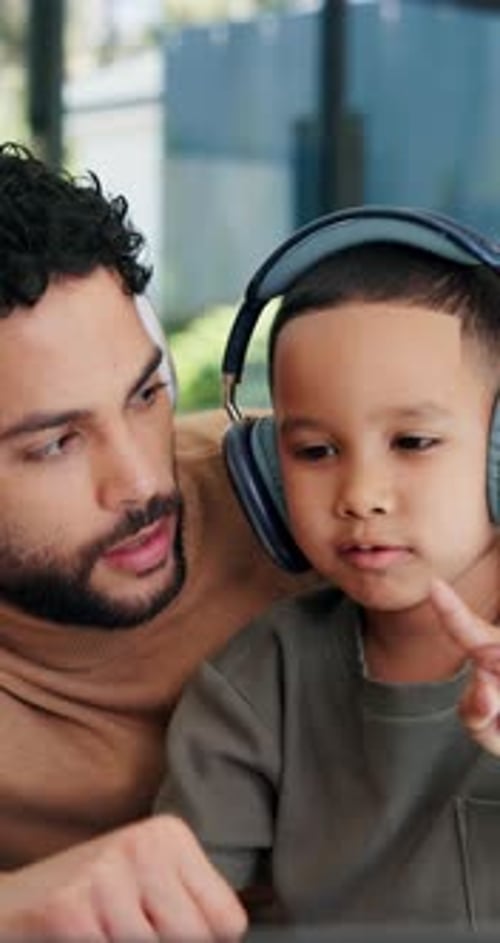 Child, father and count in home for online learning with math, numbers and teaching for development