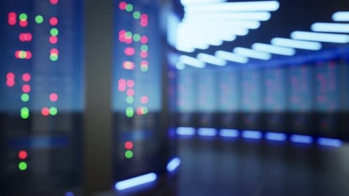 Futuristic Server Room with Blinking Lights and Data Flow