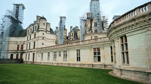 View of the Chateau de Chambord exterior at cloudy weather, France