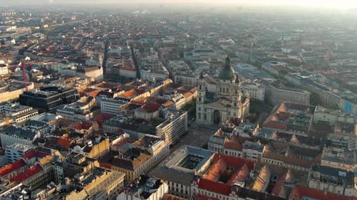 Stunning Sunrise, Aerial View Shot of Budapest city skyline, St. Stephen's Basilica, Hungary