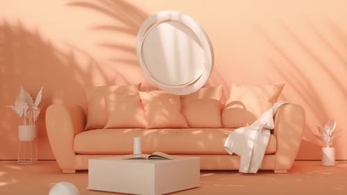 Salon minimaliste moderne avec canapé pêche, art abstrait et lumière douce