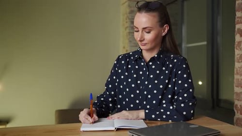 Woman Writing in Notebook at Desk Indoors