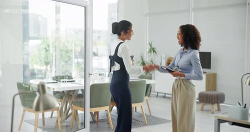 Business people, greeting and handshake in office together for teamwork