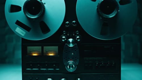 Classic Tape Machine Working Smoothly in Studio Neon Light Closeup Man Hand