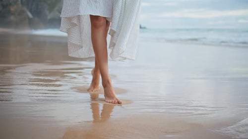 Slim Legs Walk Sand Shore Closeup Romantic Girl Stepping Ocean Shore in Dress