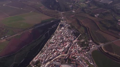 Aerial view of traditional town and castle, Obidos, Portugal.