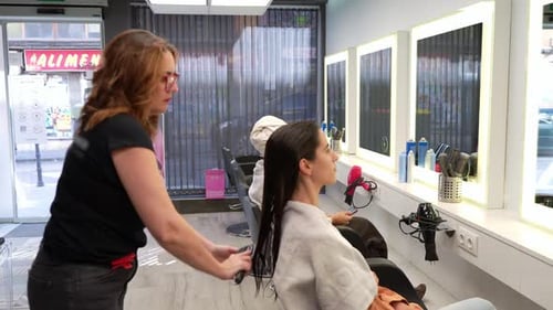 Hair Stylist Brushing Customer's Hair in a Bright Salon