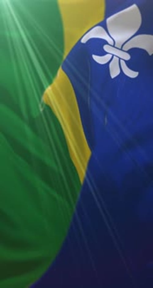 Waving Quebec Brazil Flag with Dynamic Light Rays