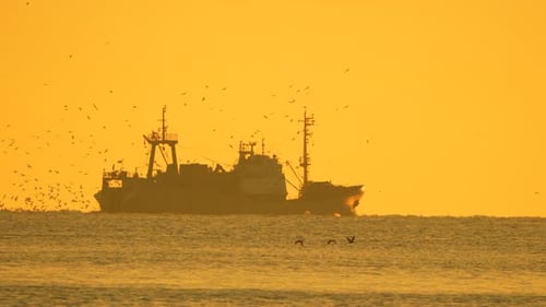 Fishing Boat Ocean Sunset with Birds Over Golden Sea