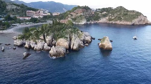 Drone Shot Of Isola Bella Island In Taormina, Italy