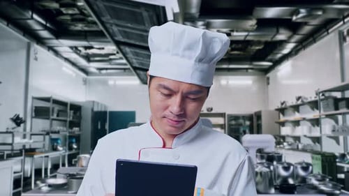 Close Up Of Asian Man Chef Using A Tablet In Kitchen