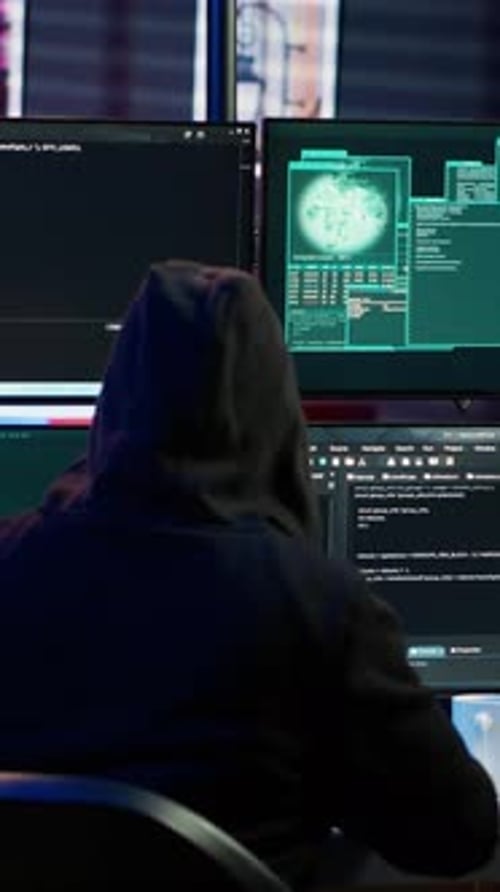 Vidéo verticale Happy Man écrivant du code sur PC célébrant après avoir réussi à contourner la sécurité