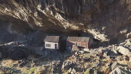 Zooming out drone footage of Helleren historical site in Norway