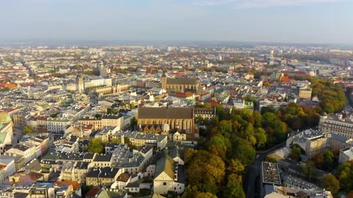 Aerial drone view of Krakow, Poland. Krakow, aerial view, Main Market Square