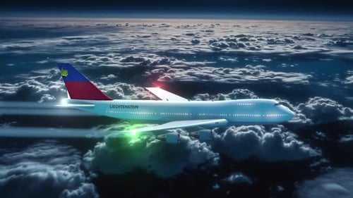 Commercial Airliner Passanger Plane Jet Flying At Night Over Clouds With Country Flag Liechtenstein