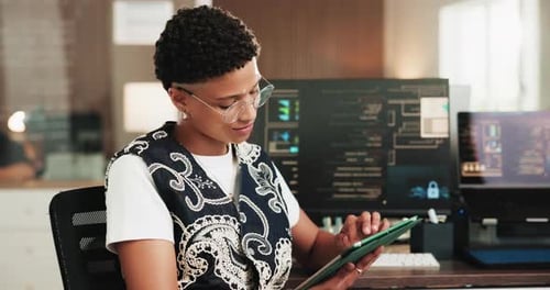 Tablet, research and businesswoman in office with coding for website development project