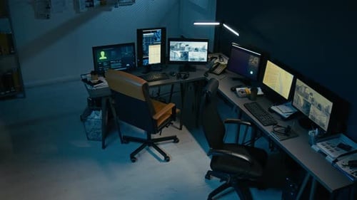 Bureau des répartiteurs au poste de police avec plusieurs moniteurs