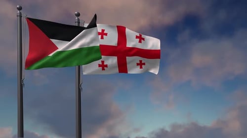 Palestine And Georgia Flags Waving Together In Realistic Animation