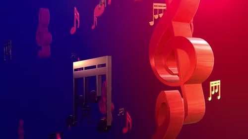 Dynamic Metallic 3D Musical Notes and Clefs Animation on Gradient Background