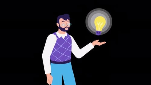 Happy man and light bulb. Concept of a great idea, Eureka. ALPHA channel animation