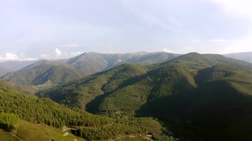 Aerial Drone Shot Over mountains, 4k. Wide . Sunset fog