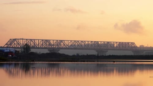 The famous bridge 777 in Krasnoyarsk, at sunset