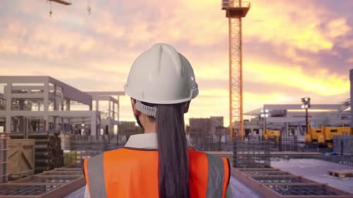 Asian Female Walking at Construction Site