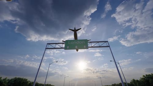 London City Road Sign - Airplane Arriving To London Airport Travelling To United Kingdom