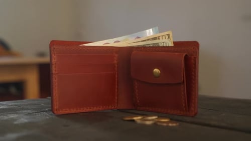 Open Leather Wallet with Money and Coins