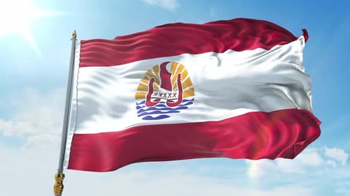French Polynesian Flag Waving in Bright Blue Sky