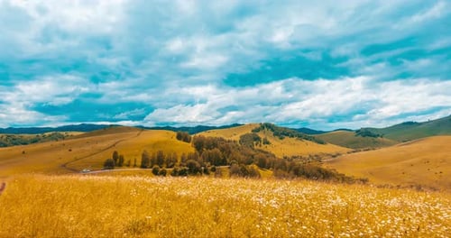 Mountain Meadow Timelapse at the Summer or Autumn Time Wild Nature and Rural Field Fast Clouds