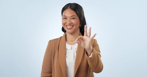 Face, ok sign and woman with a smile, feedback and agreement on a blue studio background