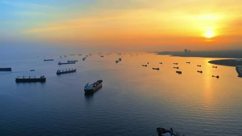 Aerial drone view of Bosporus strait in Istanbul at sunset, Turkey. Sunlight reflected in the water